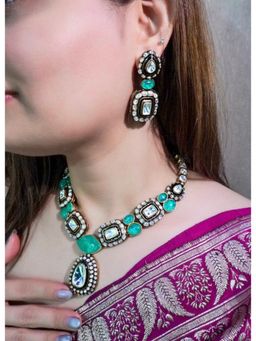 Prestones - Mughal Panna Polki Green Necklace with Earrings