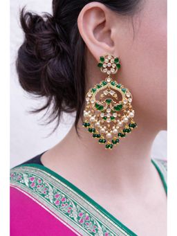 Prestones - Peacock Polki Beaded Chandbalis Green Earrings