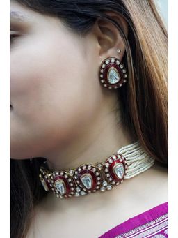 Prestones - Rajwada Red Enamel Polki White Necklace with Earrings