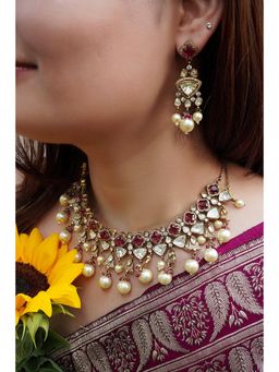Prestones - Ruby Polki and Pearl Pink Necklace with Earrings