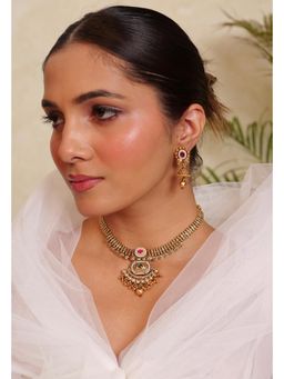 Prestones - Heirloom Jadau Pendant Red Necklace with Earrings