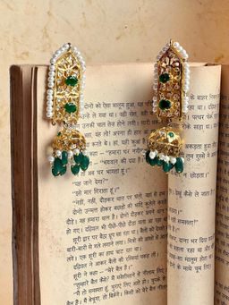 Prestones - Hyderabadi Kundan Crystal Drop Green Earrings