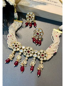 Prestones - Kundan Pearl Red Necklace with Earrings