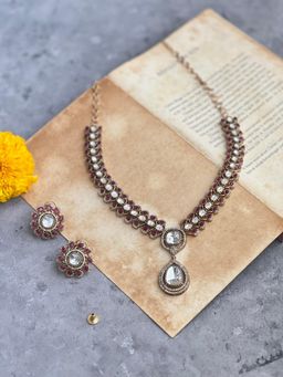 Prestones - Red Polki White Necklace with Earrings