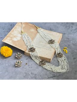 Prestones - Pearl Polki Long Green Necklace with Earrings