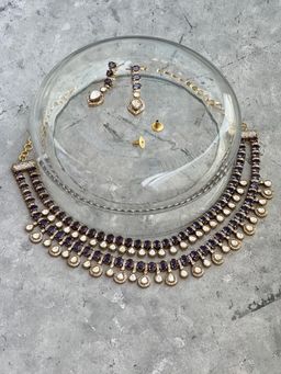Prestones - Amethyst Polki Purple Necklace with Earrings