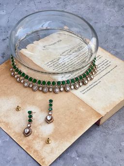 Prestones - Green Stone Polki Bridal Necklace with Earrings