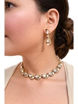 Prestones - Textured Peacock Polki White Necklace with Earrings
