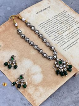 Prestones - Long Polki Green Necklace with Earrings