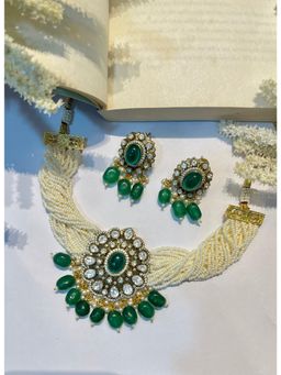 Prestones - Green Centre Polki Antique Finish Necklace with Earrings