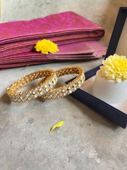 Prestones - Gold Openable Polki Studded White Bangles