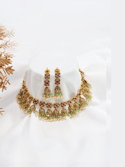 Prestones - Gold Finish Ruby Emerald Floral Pink Necklace with Earrings