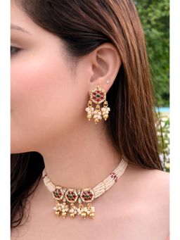 Prestones - Pearl and Stone Motif Multicolor Necklace with Earrings