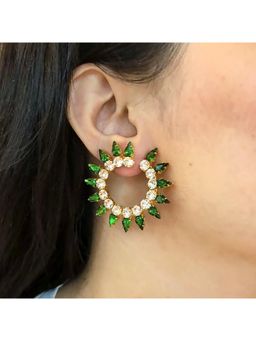Prestones - Swarovski Studded Loop Green Earrings