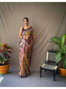 EXCLUSIVA - Yellow Kalamkari Print Cotton Saree with Unstitched Blouse