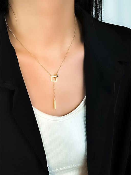 Yellow Chimes Gold-Plated Dual Square Shape Pendant With Chain