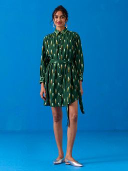 Okhai - Peacock Flare Ikat Pure Cotton Shirt Dress with Belt (Set of 2)