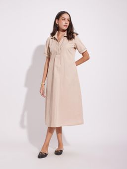 Pink Fort - Beige Cotton Solid A-Line Shirt Dress