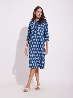 Pink Fort - Indigo Cotton Dabu Printed Dress
