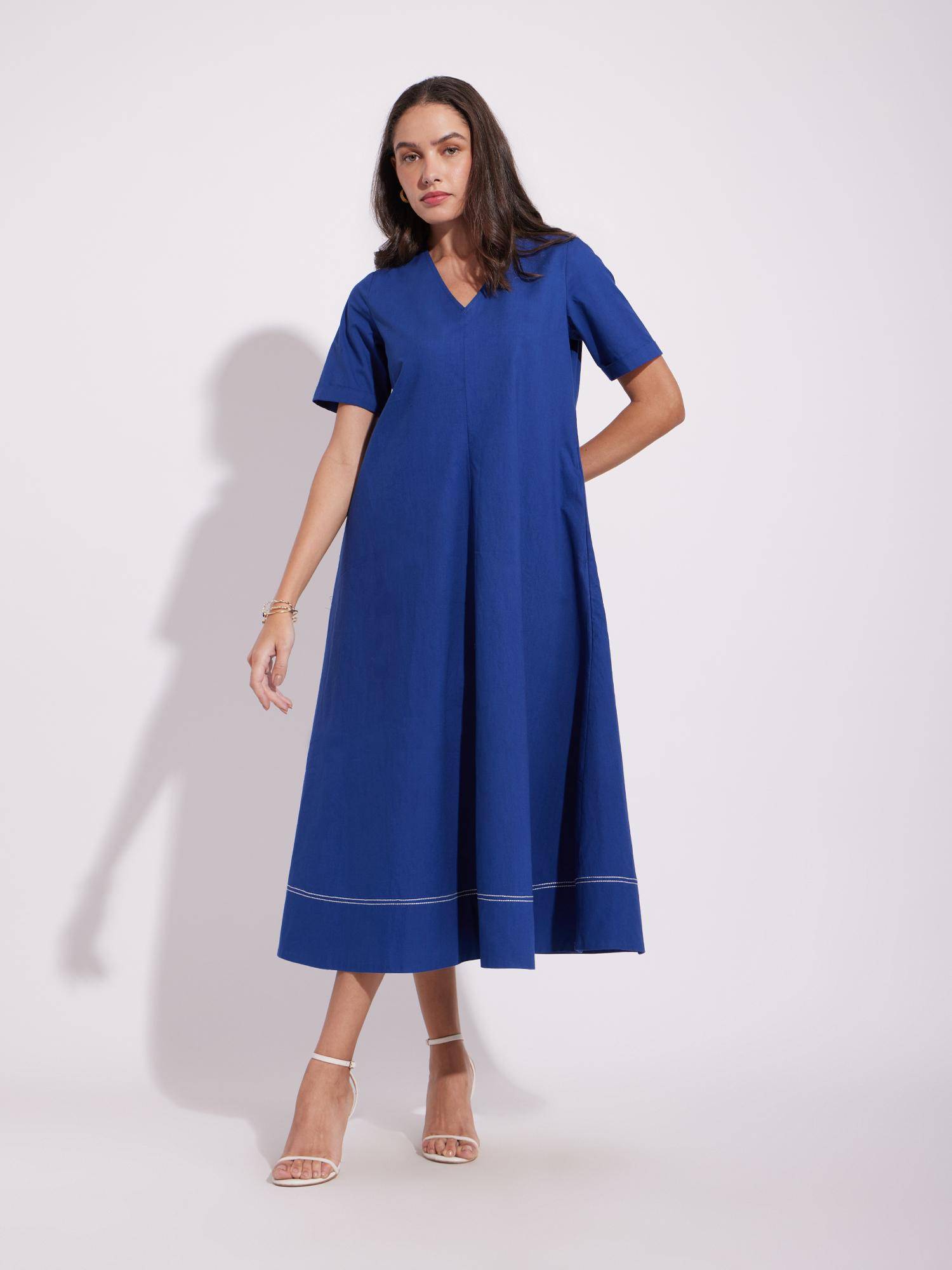 pink fort Blue Cotton Solid A-Line Dress-picture-44