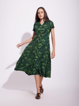 Pink Fort - Green Cotton Dabu Floral Dress