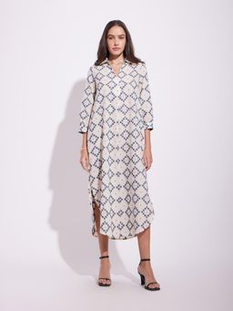 Pink Fort - Off White Cotton Printed Shirt Dress