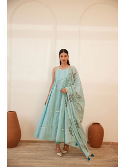 MAAND - Women Teal Pure Cotton Shoulder Strap Kurta and Pant with Dupatta