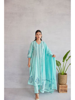 MAAND - Women Blue Pure Cotton V-Neck Kurta and Pant with Dupatta