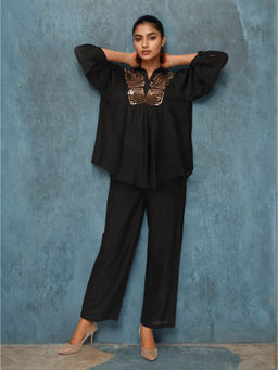 Dora Dori - Women Black Chanderi Collar Neck Tunic with Trouser Co-Ord Set