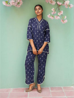 Dora Dori - Women White Denim V-Neck Tunic with Trouser Co-Ord Set