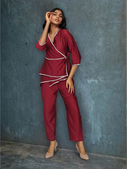Dora Dori - Women Maroon Chanderi V-Neck Tunic with Trouser Co-Ord Set