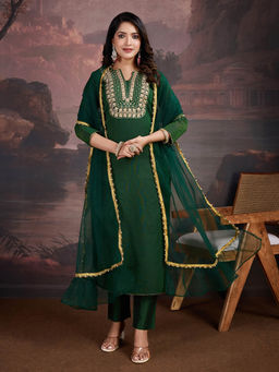 INDDUS - Women Green Chanderi Round Neck Top and Bottom with Dupatta