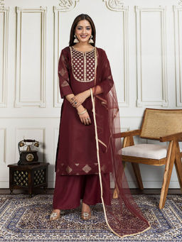 INDDUS - Women Maroon Chanderi Round Neck Top and Bottom with Dupatta
