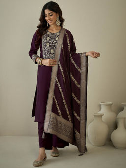 INDDUS - Women Purple Silk Blend Round Neck Top and Bottom with Dupatta