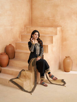 INDDUS - Women Black Silk Blend Tie Up Neck Top and Bottom with Dupatta