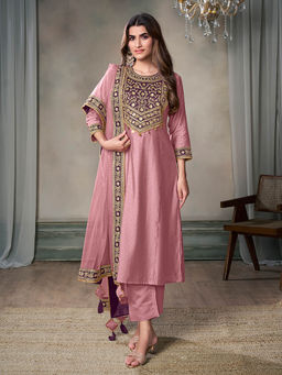 INDDUS - Women Pink Silk Blend Round Neck Top and Bottom with Dupatta