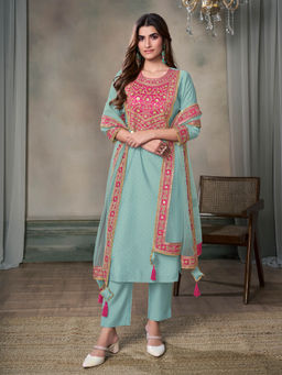 INDDUS - Women Pink Silk Blend Round Neck Top and Bottom with Dupatta