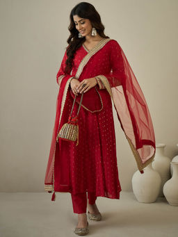INDDUS - Women Red Chanderi Silk V-Neck Top and Bottom with Dupatta