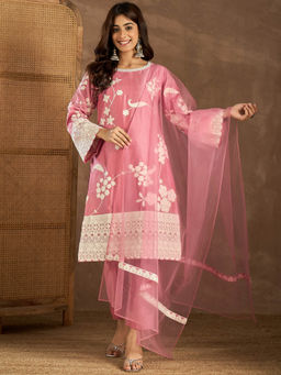 INDDUS - Women Pink Silk Blend Round Neck Top and Bottom with Dupatta