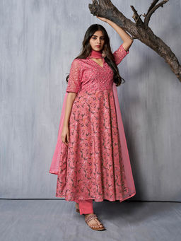 INDDUS - Women Peach Organza V-Neck Top and Bottom with Dupatta