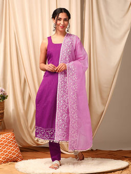 INDDUS - Women Purple Cotton Blend Shoulder Straps Top and Bottom with Dupatta