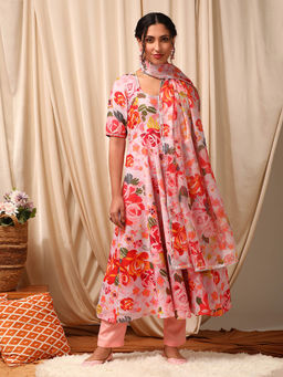 INDDUS - Women Pink Cotton Blend Square Neck Top and Bottom with Dupatta