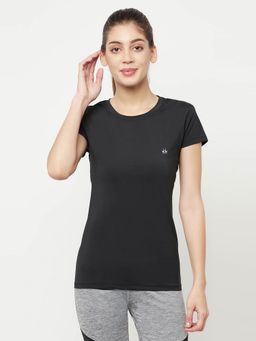 CRIMSOUNE CLUB - Women Black Solid Round Neck Sports T-Shirt