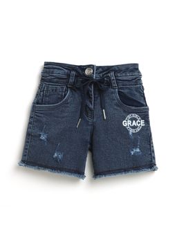 TINY GIRL - Blue Placement Printed and Distressed Shorts