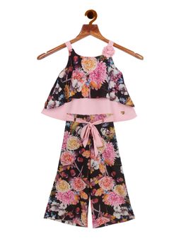 TINY GIRL - Black and Pink Flower Print Sleeveless Top with Pant (Set of 2)