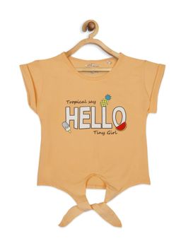 TINY GIRL - Peach Hello Text with Fruits and Candy Printed Front Knot Tie Up Top