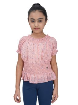 TINY GIRL - Peach & Blue Floral Printed Smocked Cinched Waist Top