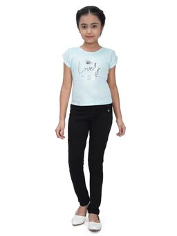 TINY GIRL - Sky Blue Half Sleeves Lovely Amour Crown Foil Printed Top