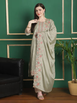 Stylee LIFESTYLE - Green Chiffon Embroidered Unstitched Dress Material (Set of 3)