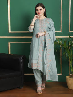 Stylee LIFESTYLE - Turquoise Chiffon Embroidered Unstitched Dress Material (Set of 3)